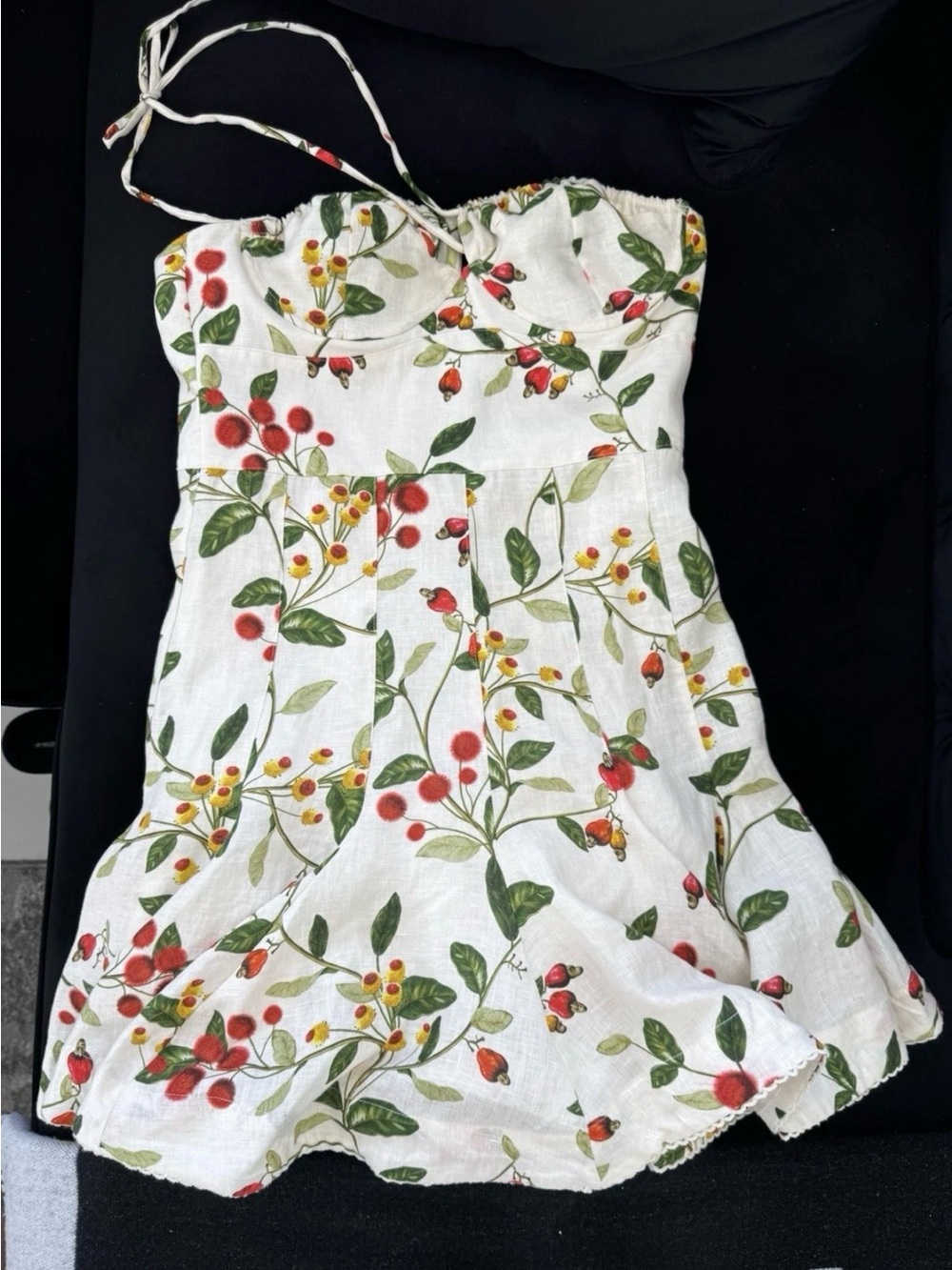 Agua Bendita Cream Floral Strapless Mini Dress with Red & Green - Picture 5 of 7
